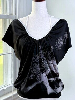 Vintage Y2K Lipsy Grunge Batwing Top Black Floral Graphic Strappy Halter Acubi